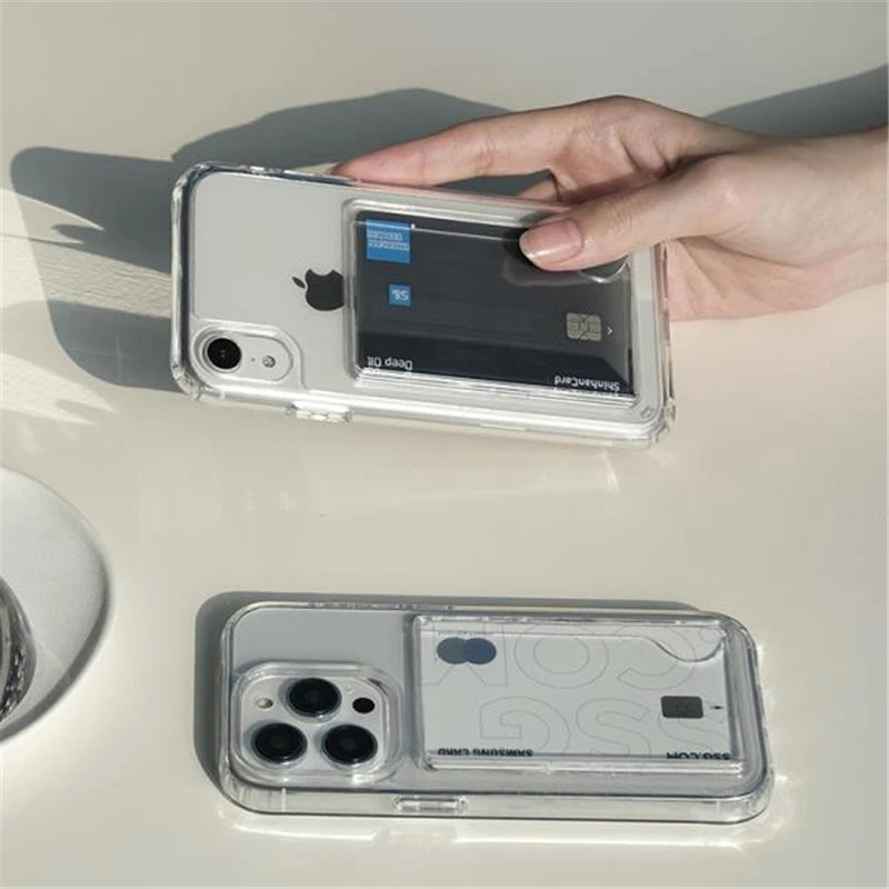 Korean Stylish Transparent Phone Case with Wallet Card Slot Holder – Shockproof Clear Cover for iPhone 15/14/13/12 Pro Max