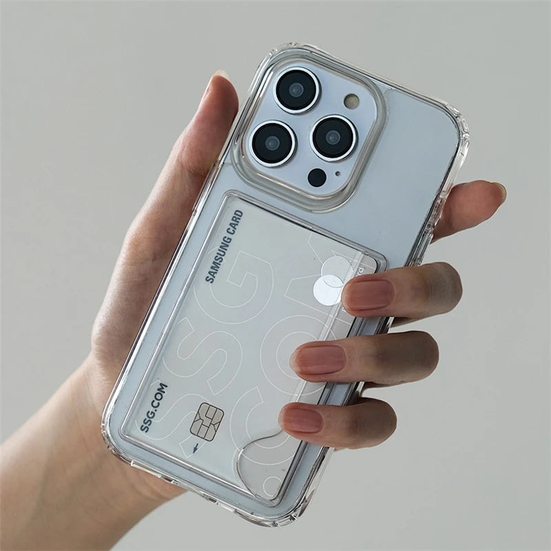 Korean Stylish Transparent Phone Case with Wallet Card Slot Holder – Shockproof Clear Cover for iPhone 15/14/13/12 Pro Max