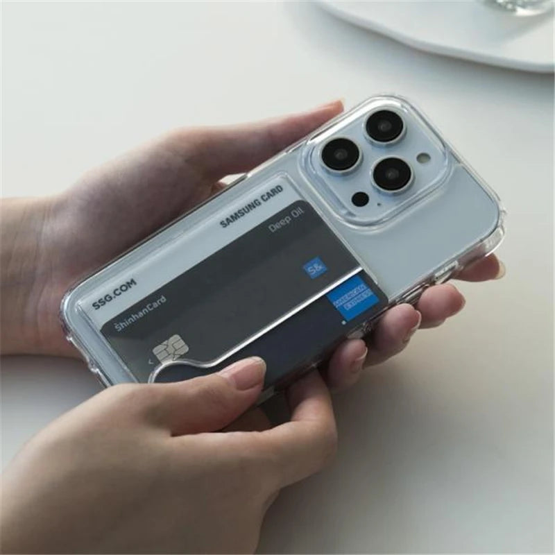 Korean Stylish Transparent Phone Case with Wallet Card Slot Holder – Shockproof Clear Cover for iPhone 15/14/13/12 Pro Max