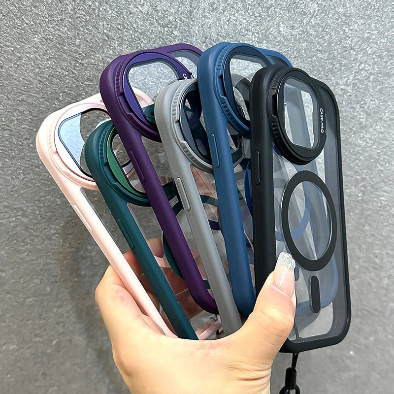 Fold Glass Lens Stand Magnetic Case with Wrist Strap for iPhone